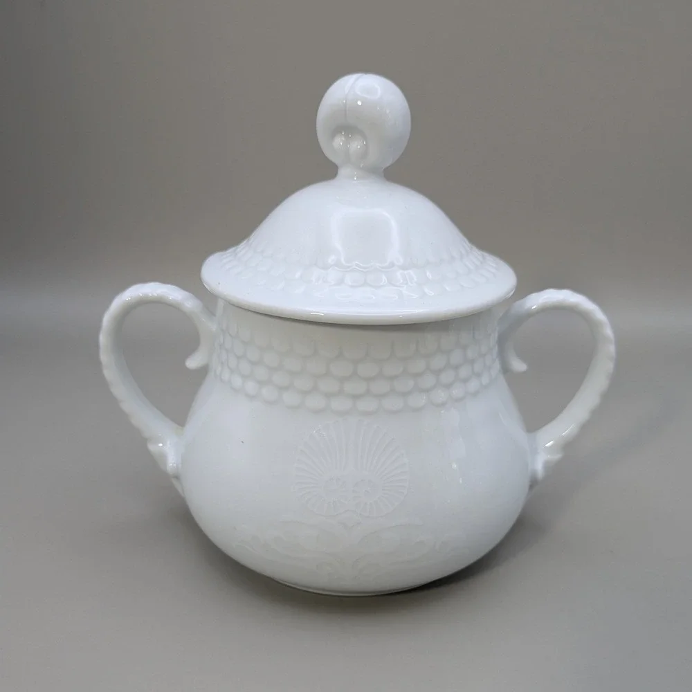 Vintage Jadeborg Germany White Porcelain Oil Vinegar Cruet Set Sugar Bowl 3 Pc